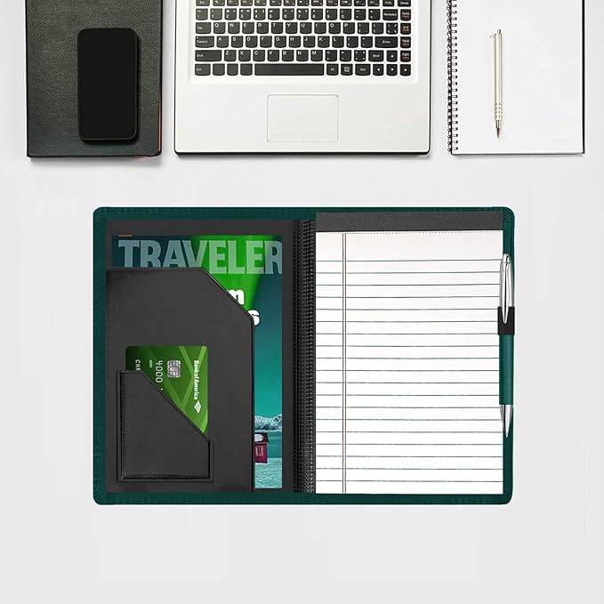 Junior Padfolio Folder - A5 Portfolio Binder Case with 5 x 8 Writing Pad and Interior Storage Pocket Executive Business Organizer for Men Women, Dark Green