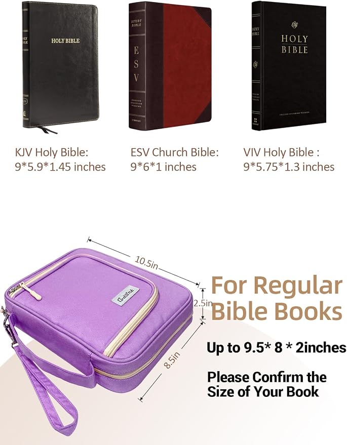 Bible Cover Case for Women, Large Bible Book Cover with Zippered Pockets for Study Accessories, Bible Tote Bag for Church, Study, Travel, for Women Lady Teen Girls Purple