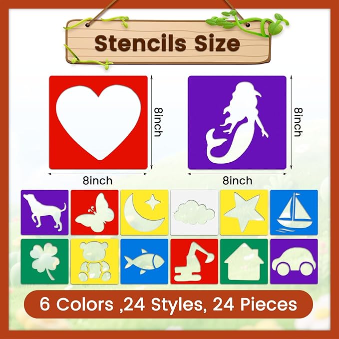 24 PCS Drawing Stencils, 8 Inch Large Drawing Stencils Chalk Template, Washable Reusable Outdoor Garden Themed Primary Shape Template Kit for Learning Painting DIY Crafts