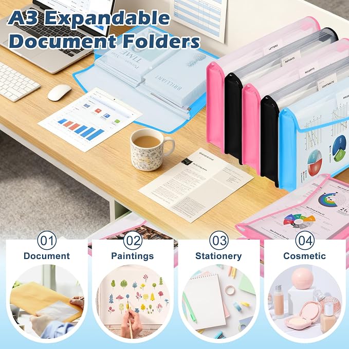 6 PCS 11 x 17 Inch Expandable Tabloid Size Document Folder with Label A3 Plastic Folders for Documents Expanding File Wallet Envelope Size Waterproof Black Pink Blue Clear Plastic File Pouch