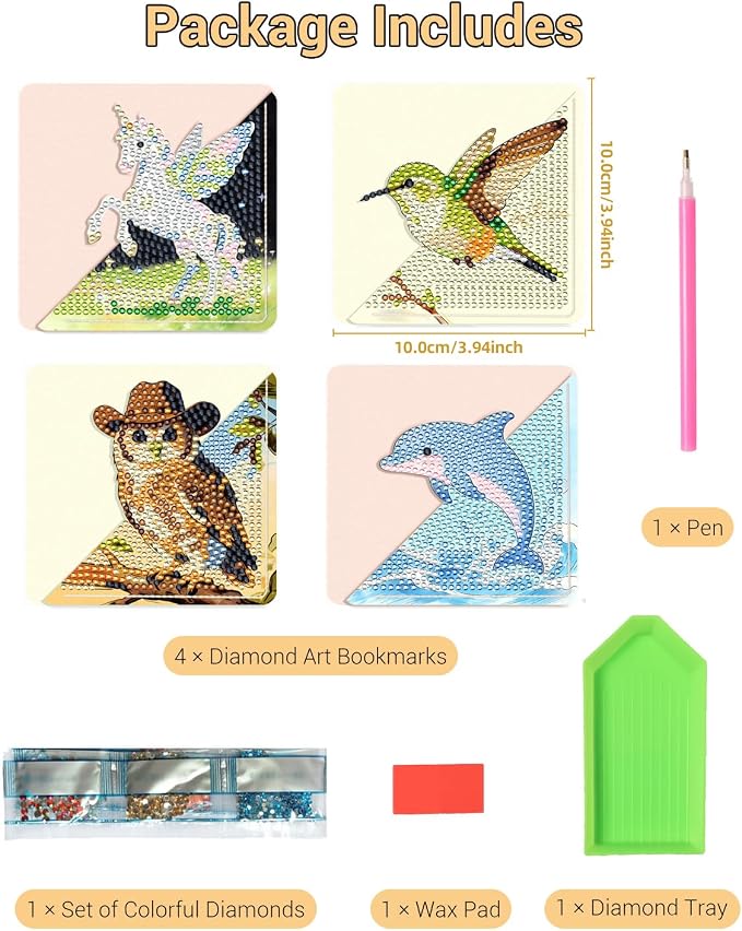 Lucky Diamond Art Bookmarks Set, 4PCS Book Corner Diamond Painting Bookmarks with Hummingbird, Whale, Unicorn & Owl Designs, DIY Gem Art & Crafts for Book Lovers, Diamond Art Kits for Adults