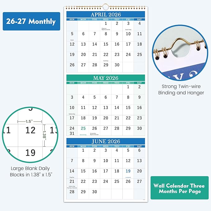 Wall Calendar 2026-2027 - 3 Month Calendar Vertical, April 2026 to June 2027, Calendar 2026-2027 with Large Blocks, 11'' x 26'' (Open)