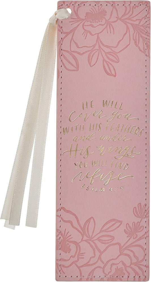 Christian Art Gifts Premium Vegan Leather Inspirational Scripture Bookmark for Women: Under His Wings Encouraging Bible Verse, Satin Ribbon, Reading Accessory for Books, Bibles, Pink & Gold Floral