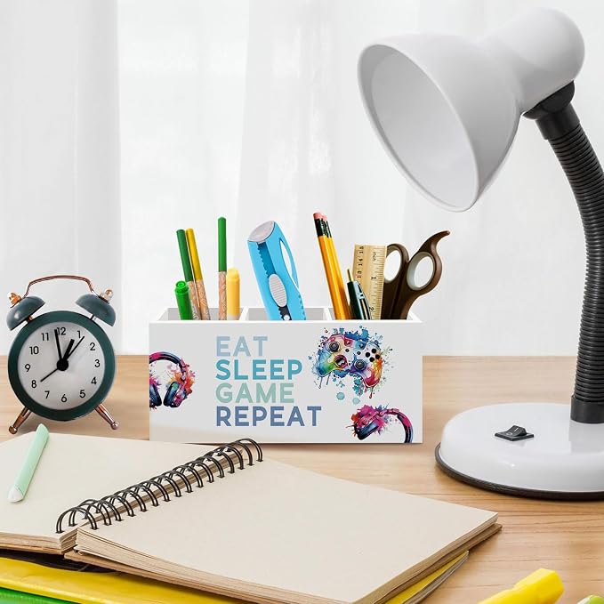 Kids Boys Eat Sleep Game Repeat Pen Pencil Holder for Desk, Video Game Lovers Office Desk Accessories, Boys Kids Gamer Pen Holders Organizer for Classroom Bathroom