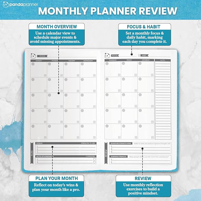 Panda Planner 2026 Undated Daily Planner 90 Day Planner – 3-Month Goal Setting & Productivity Journal – VIA Strength-Based Happiness & Organization Planner – Weekly & Monthly Agenda – 5.75" x 8.25" Hardcover Light Blue