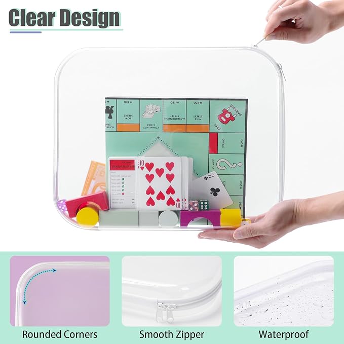 3 Pack Extra Large Clear Board Game Storage Hard Shell Case with Zipper, Organizer Set with Stickers for Card Decks Puzzle Magazine Comic Book Documents a4 Paper and Craft, 13.8 × 11.8 in