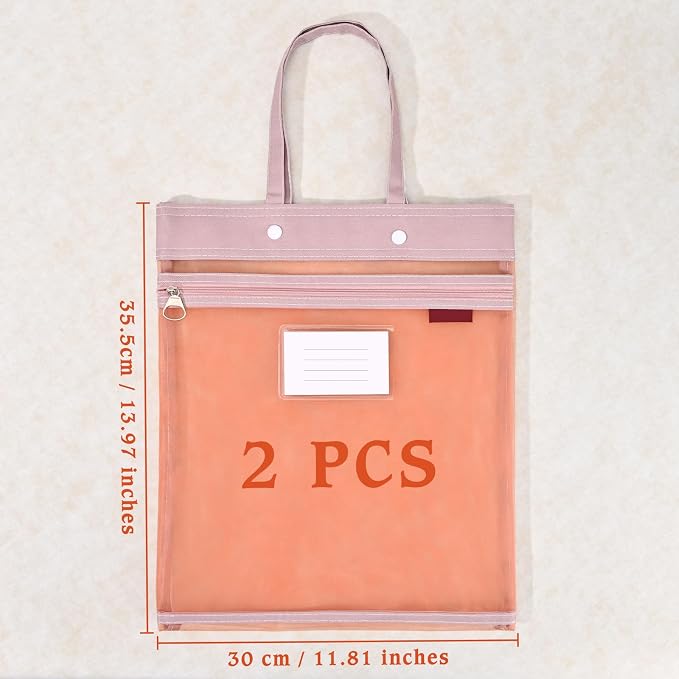 2-Pack Mesh Zipper Pouch Bags with Handles, Double-Layer Nylon Document Bag with Label Pocket, File Storage Pouches for Office Supplies School Travel (Red)