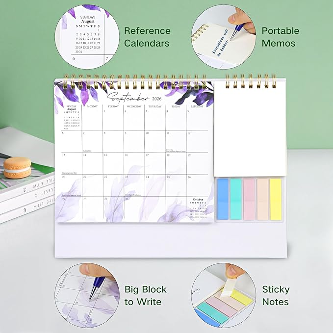 Desk Calendar 2026 Small Flip Calendar Standing Office Desktop - From Jan to Dec 2026, Small Desktop Monthly Calendar 2026 with Writing Notepads and Sticky Notes for Office Home, Purple