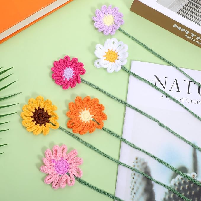 6 Pcs Crochet Flower Bookmarks, Handmade Knitted Daisy Sunflower Book Marks Cute Unique Bookmarks for Women Girls Book Lovers Teachers (6 Color)