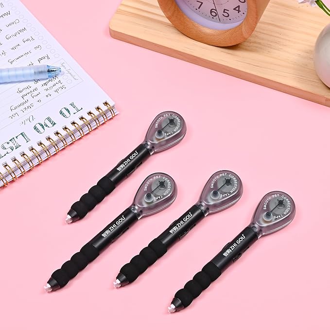 Temiary 4 Pcs White Correction Tape Pen, 19.69 ft Smooth Pull Out Tape Pens, Instantly Dry, Easy to Use Applicator for School Office Supplies (Black)