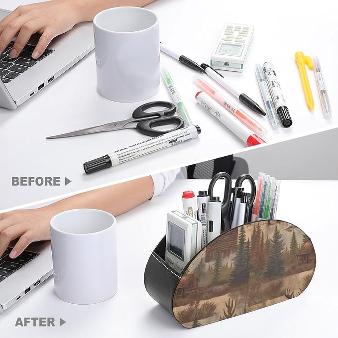 Rustic Lodge Bear Moose Remote Control Holder Desk Storage Organizer Box PU Leather Remote Caddy with 5 Compartments Fashionable Pen Storage Box Modern Desktop Organizer