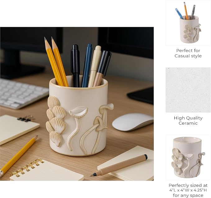 Ceramic Desk Organizer with Mushroom Design for Workspace Decor - Stylish Small Desktop Decor for Office Accessory - Versatile Desk Stationery Storage Holder for Kitchen or Bedroom - 4", Ivory