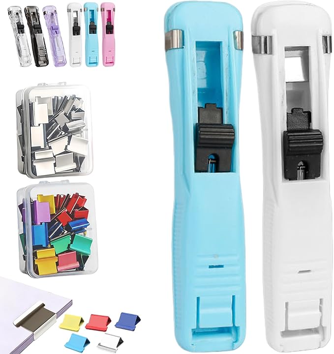 Portable Binder Clip Stapler - Includes 100 Reusable Clips, No Staples, No Holes,Push Clip Paper Clam Dispenser, Reusable Desktop Stapler for Document Home School (2-C)