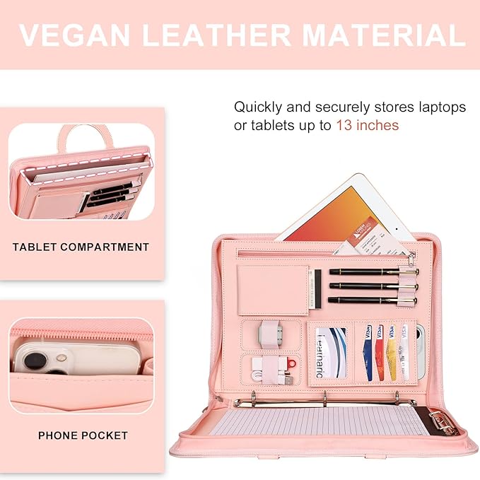 Leathario Portfolio Binder, Includes 5 Folder Index Dividers, 13 Inch Tablets Organizer with Handle, Vegan Leather A4 Padfolio, Multi-Pocket Notepad Business Planner Professional Document