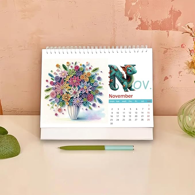 2026 Standing Desk Calendar DIY Diamond Art Painting Monthly Flip Desktop Calendar with To Do List Calendars Planner for Home Office-2026 Flowers