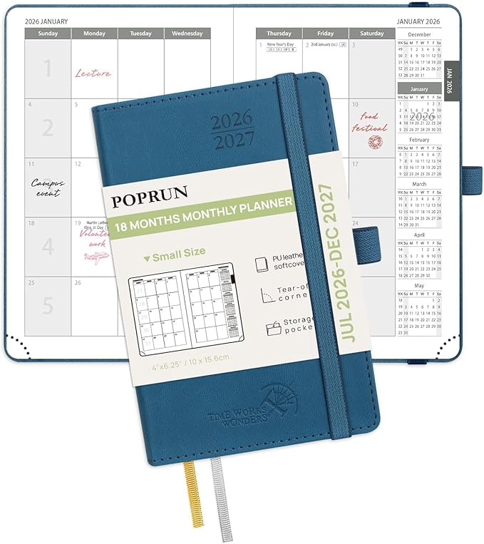 POPRUN Pocket Monthly Planner 2026-2027 (Pocket- 4''x 6.25''Soft Leather Cover) - 18 Month Calendar Book for Purse (Jul.2026-Dec.2027), 100 GSM Thick Paper - Night Sky Blue