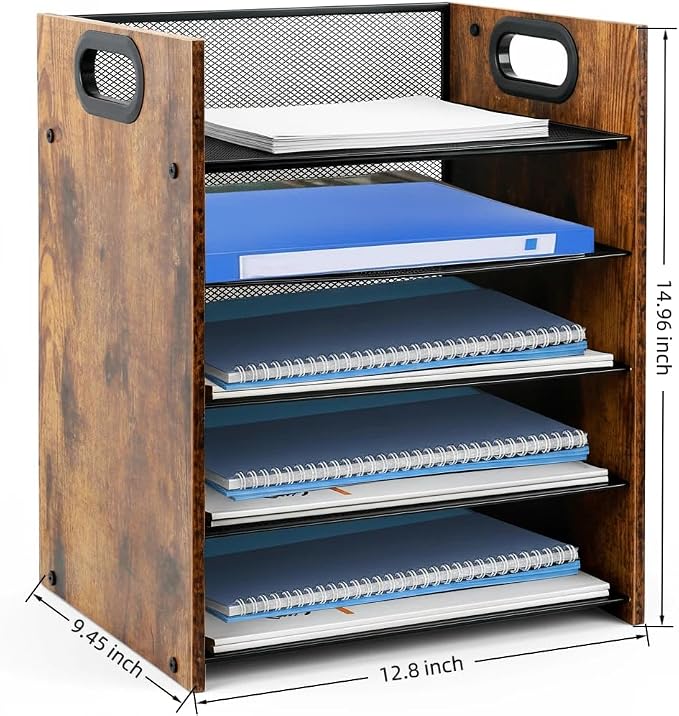 Desk Organizer - 5-Tier Desktop File Organizer, Wooden Paper Tray Organizer, Office Desk Organzier and Accessories for Papers, Mail, Notebooks, Stationery
