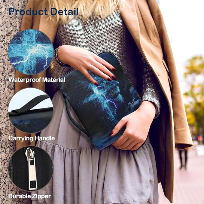 Bible Case with Handle and Zipper, Premium PU Leather Waterproof Bible Cover 11.2 x 8 x 2.2 Inches, Book Case for Standard Size Bibles with Pen Storage, Bible Accessories Gifts (Blue Lion)