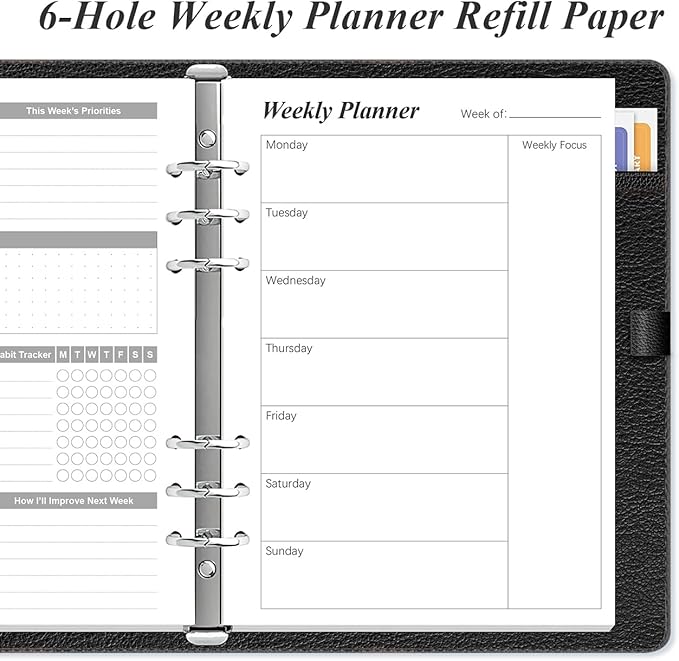 Weekly Planner Refills for A5 Binders - 53 Sheets/106 Pages Undated Weekly Planner, 6-Hole Punched, 100 gsm White Paper, Lasts 1 Year, Undated, 5.8" x 8.3", Black