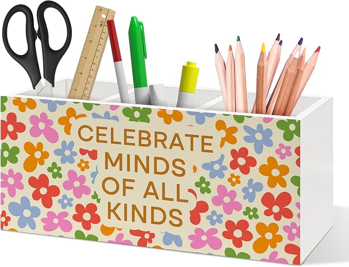 Retro Mental Health Floral Pen Holder, Therapy Office Pen Pencil Holder Organizer for Desk Accessories, Teacher Appreciation Gifts Wooden Box Desk Decor for Office Classroom Desk Decorations
