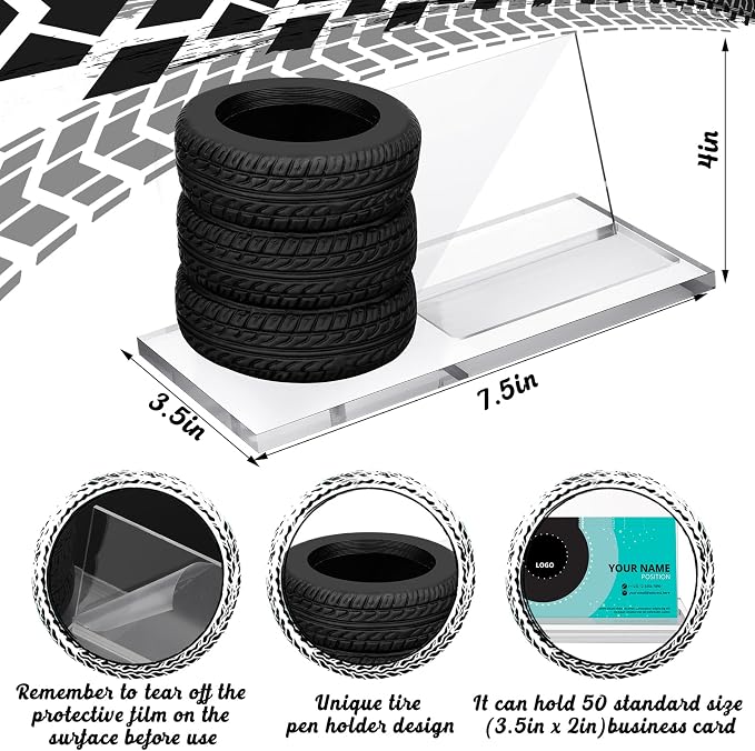 Sherr Tire Shaped Pen Holder Business Card Tire Shape Arylic Stationery Set Automotive Business Card and Car Salesman Pen Holder Office Desk Organizer for Men Cool Mechanics Gifts Car Lover(Clear)