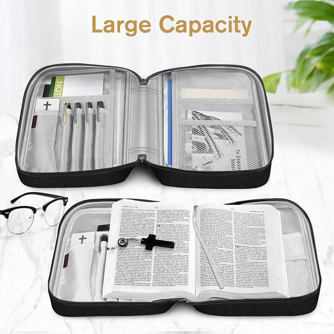 FINPAC Bible Cover, Carrying Book Case Church Bag Bible Protective with Handle and Zippered Pocket, Gift for Mother Lady Women Men, Midnight