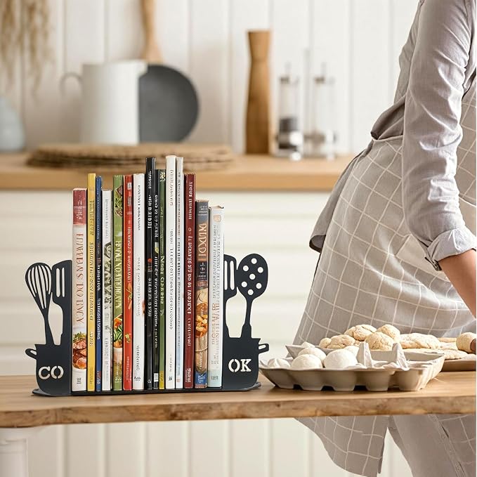 ENCIMART Metal Book Ends for Shelves, Kitchen Bookends Home Decorative Bookends for Heavy Books, Unique Cute Cookbook Organizer Book Holder for Kitchen Housewarming Cooking Book Lover Gifts, Black