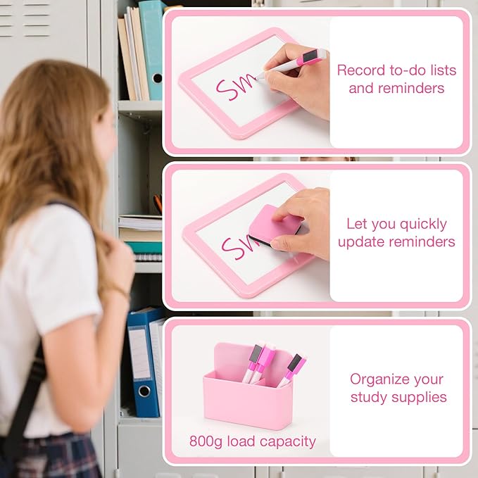 MoKo Locker Accessories Set, 11PCS Back to School Supplies Includes Magnetic Mirror, Whiteboard, Markers, Pen Holder, Magnets, Locker Organizer for School Office (Pink)