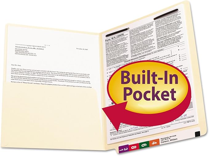 Smead End Tab Pocket Folder with Fastener, Straight-Cut Tab, 1 Pocket, Letter Size, Manila, 50 Count