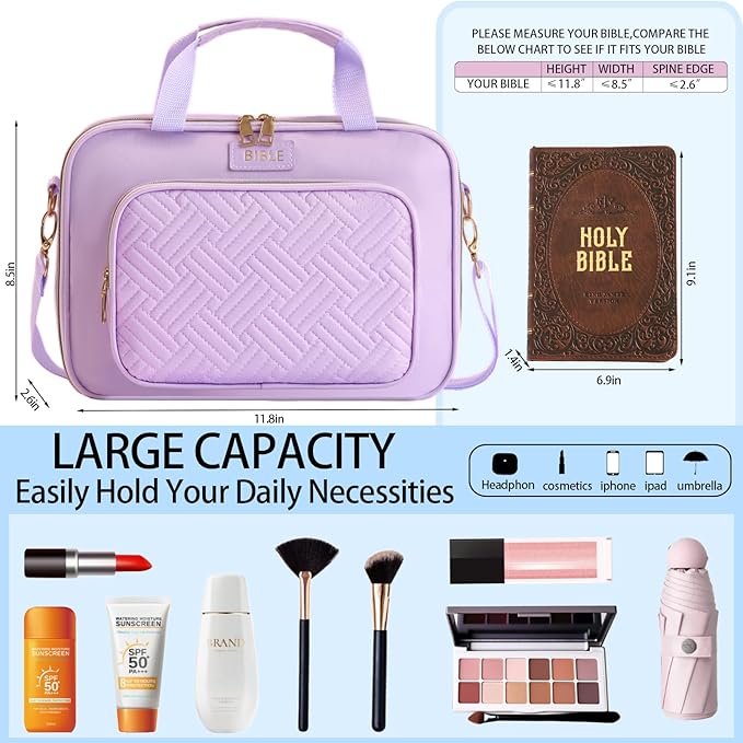 Bible Cover for Women Bible Case, Large Bible Bag, Bible Study Supplies Bible Journaling Kit Book Carrying Case with Bible Highlighters Tabs, Valentines Day Christian Gifts for Women (Purple)