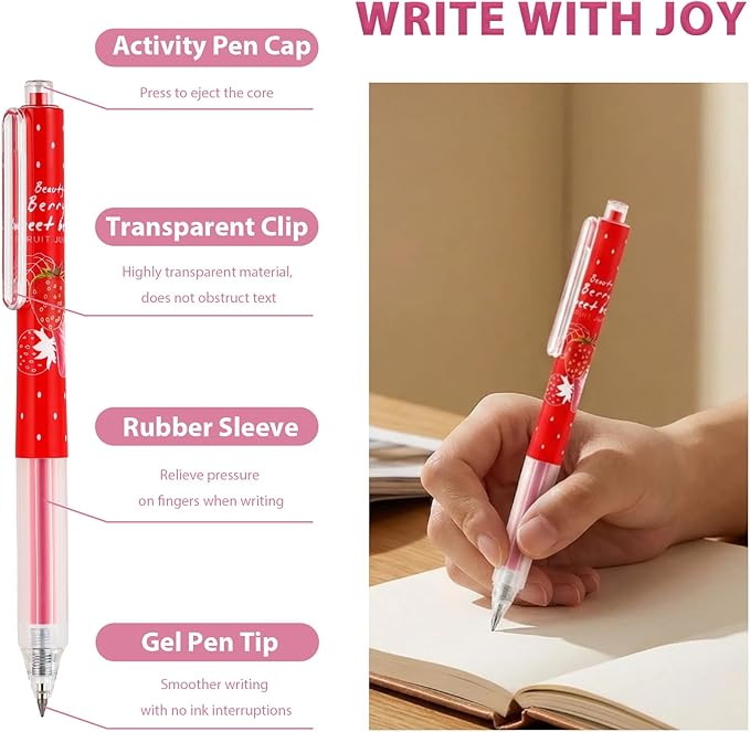 Cute Strawberry Pens Set Include Kawaii 0.5mm Strawberry Mechanical Pencil,Mechanical Pencil Lead Refills,Erasers,Gel Pens,Stickers,Strawberry Stationery Set for Office School Supplies