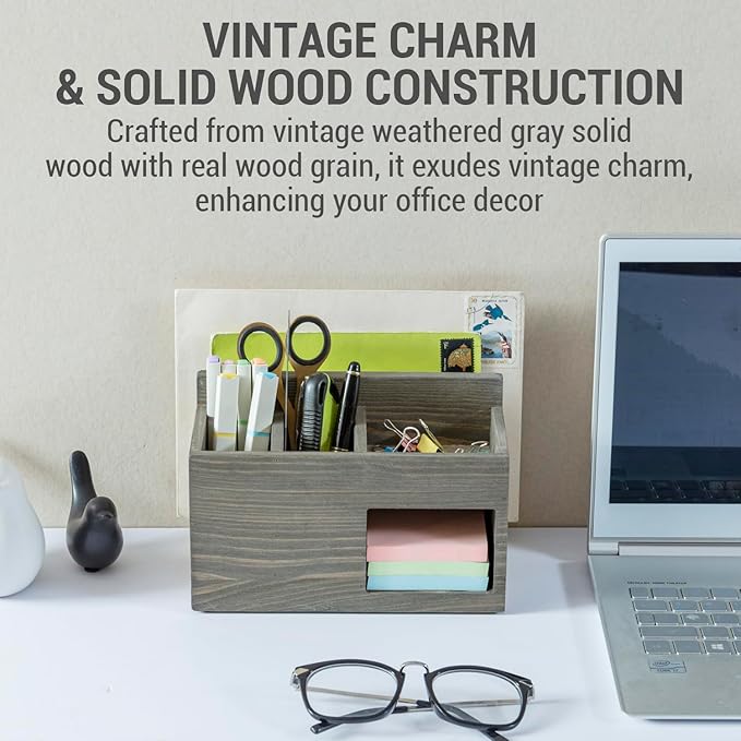 MyGift Vintage Weathered Gray Solid Wood Desktop Organizer – Mail Slot, 2 Pen Holders, Sticky Note Storage, Supplies Tray, Office Desk Caddy