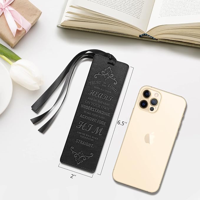FINPAC Leather Bible Bookmarks, Vegan Religious Bookmarks, Bible Verse Book Markers Church Gifts for Women Men [Trust in The Lord with All Your Heart] - Black