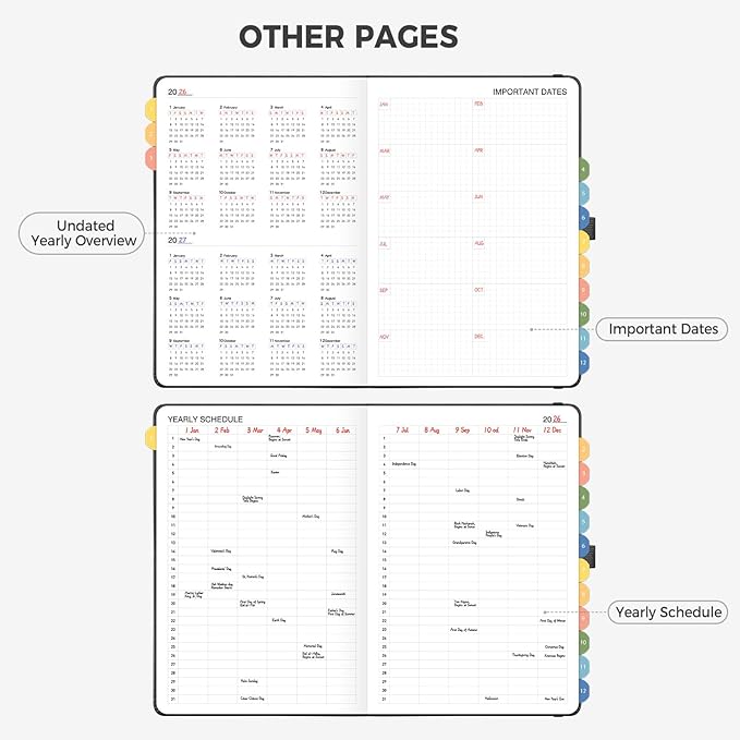 Undated Appointment Book, Hourly, Daily, 52 Weekly & 12 Monthly Planner, 6 AM - 8 PM, Medium Size (5.7" x 8.3"), Leather Hardcover, 12 Self-adhesive Monthly Tabs (Black)