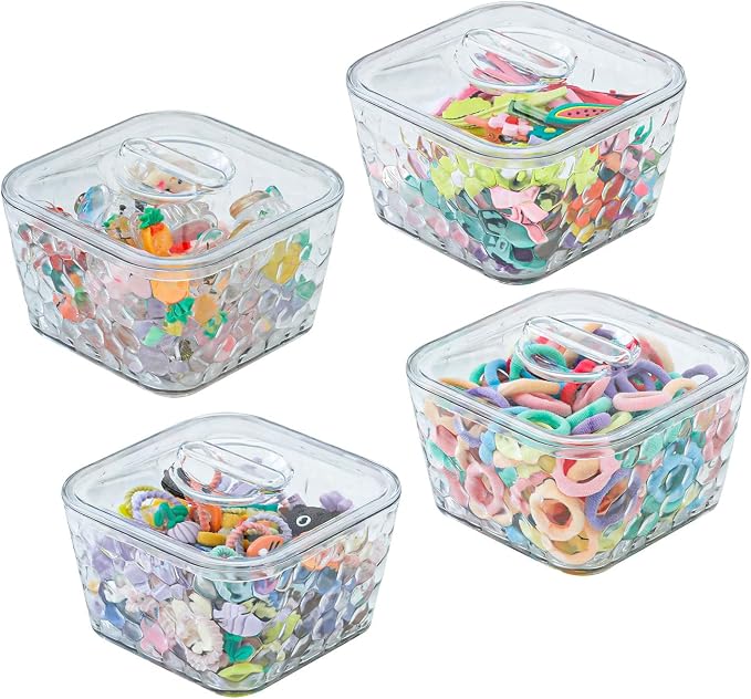 FABROK 4 Pack Hair Accessory Organizer, Clear Hair Tie Holder with Lids, Desk Organizer Case for Hair Tie, Cotton Swab, Cables, Stationery(Clear)