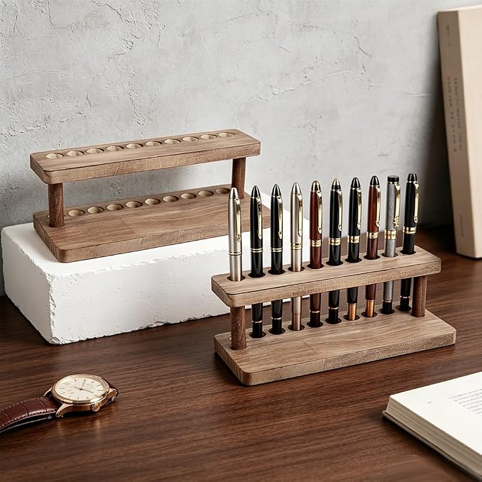 PH PandaHall 2pcs Wooden Pen Holder, 10 Slots Fountain Pens Display Stand Desk Pencil Holding Rack Pen Organizer for School Office Home Store Study Organizing Desk Accessories, 7.9"x3.2"x3.2"