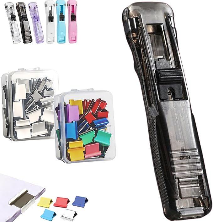 Portable Binder Clip Stapler - Includes 100 Reusable Clips, No Staples, No Holes,Push Clip Paper Clam Dispenser, Reusable Desktop Stapler for Document Home School (1-B)