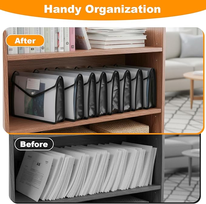 7 PCS Plastic Expanding File Folder Black Transparent Envelopes with Snap Closure File Folder Organizer Holder Large Capacity A4/Letter Size Organizer for School Office Home Storage