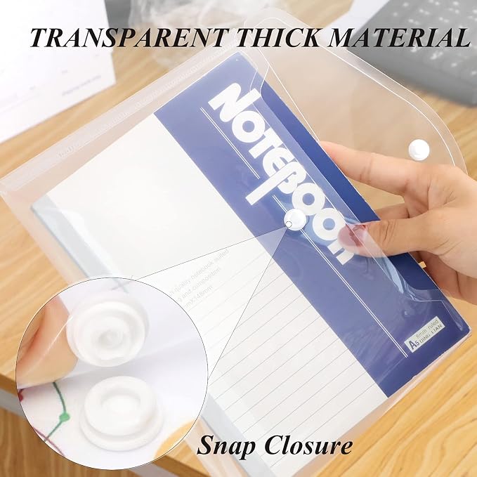 Toplive File Folders,12 Packs Plastic Envelopes Clear A5 Letter Size Waterproof Poly Envelopes Folders with Snap Closure for Office School Supplie