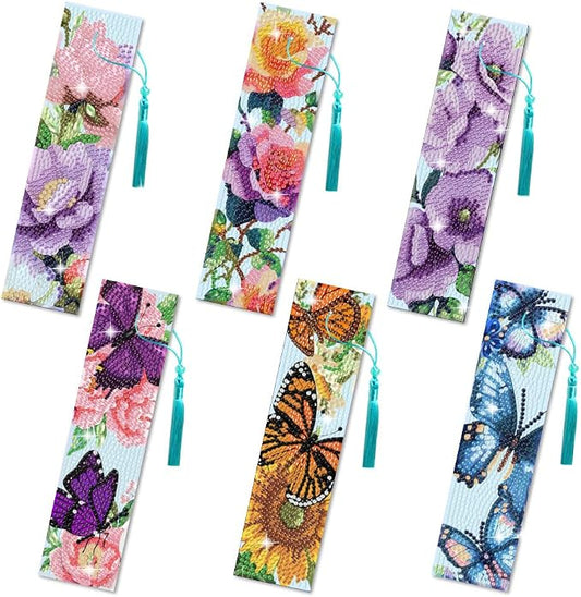 6Pcs Flower Butterfly 5D Diamond Art Bookmarks Sunflower Paeony Roses Floral Diamond DIY Painting Bookmarks Rhinestones Beaded Acrylic Tassel Bookmark for Adult Beginner Crafts