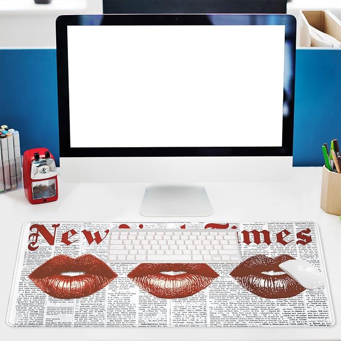 Vintage Lips Desk Pad Mouse Pad Red Kiss Retro Newspaper Mousepad Large Mousepad Extended Laptop Keyboard Mat Gaming Desk Pad Mouse Mat Office Computer Keyboard Laptop Home 31.5"x11.8"