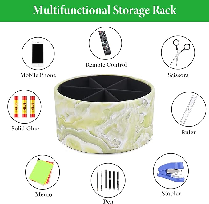 Remote Control Holder, 360°Spinning PU Leather Desk TV Remote Caddy,Desk Storage Box Room Accessories for Controller, Media,Mail,Calculator, Mobile Phone,Pencil(1-Big Marble Jade)
