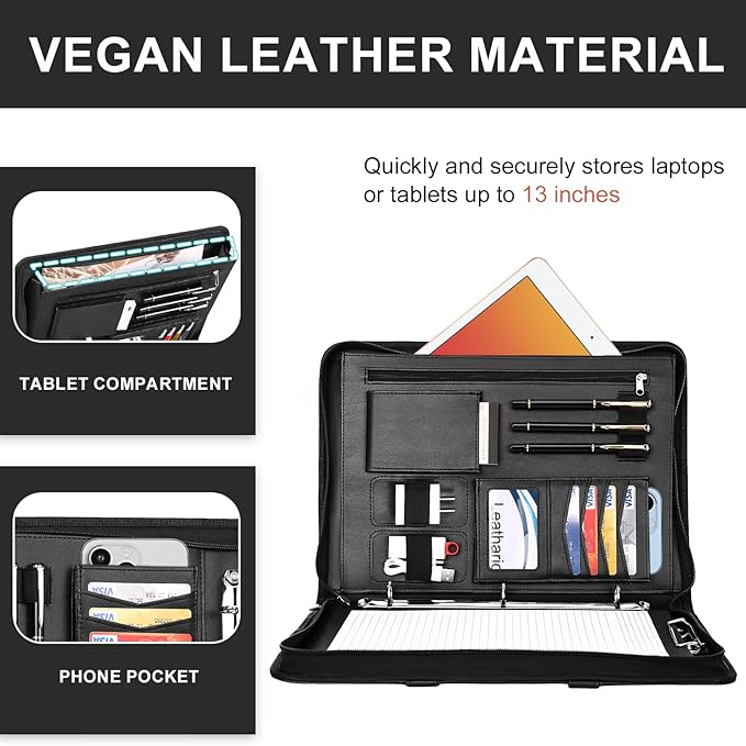 Leathario Portfolio Binder, Includes 5 Folder Index Dividers,1 Hole Punch,13 Inch Tablets Organizer with Handle, Vegan Leather A4 Padfolio, Multi-Pocket Notepad Business Planner Professional Document
