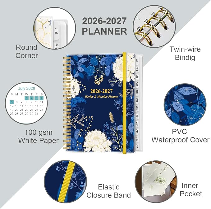 2026-2027 Planner - Weekly Monthly Planner 2026-2027 from July 2026 to June 2027 with 12 Monthly Tabs, Flexible Cover, Inner Pocket, 8.5" x 11", Blue Leaf Flower