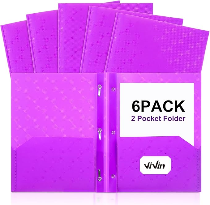 ViVin Plastic Folders with Pockets and Prongs,6 Pack,Heavy Duty 2-Pocket File Folder with 3 Fasteners,Fits Letter Size Paper,for School Home and Office(Bright Purple)