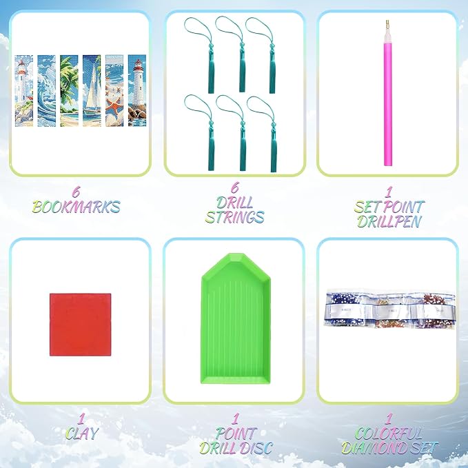 6Pcs 5D Diamond Painting Bookmarks Kit, Ocean Theme DIY Diamond Art Book Marks with Tassels, Diamond Dotz Bookmark Set for Adults Kids Beginners Craft Gift