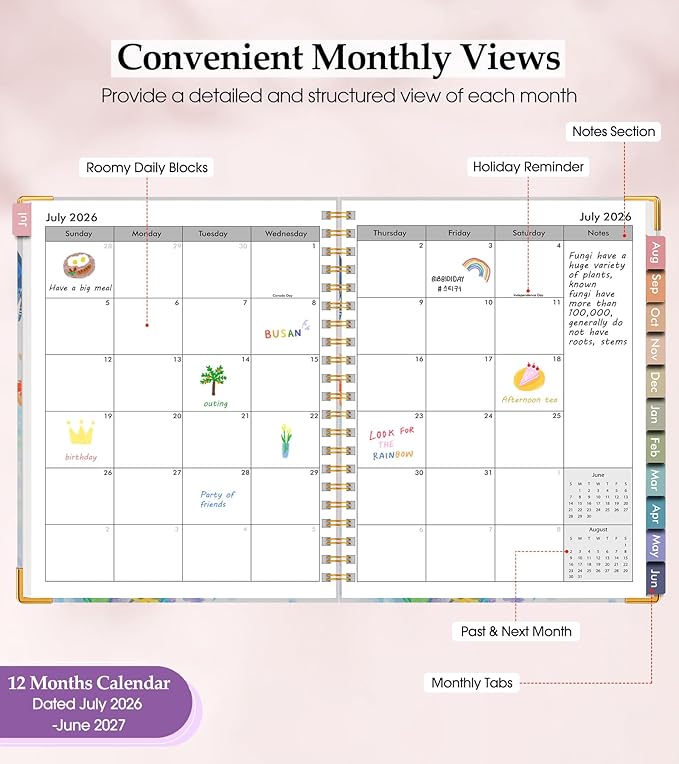 Academic Planner 2026-2027, Hardcover Leather Weekly and Monthly Calendar Planner from July 2026 - June 2027, A5 6.1" x 8.2" Daily Agenda with Tabs, College School Organizer for Student Teacher, Butterflies in the Blooms