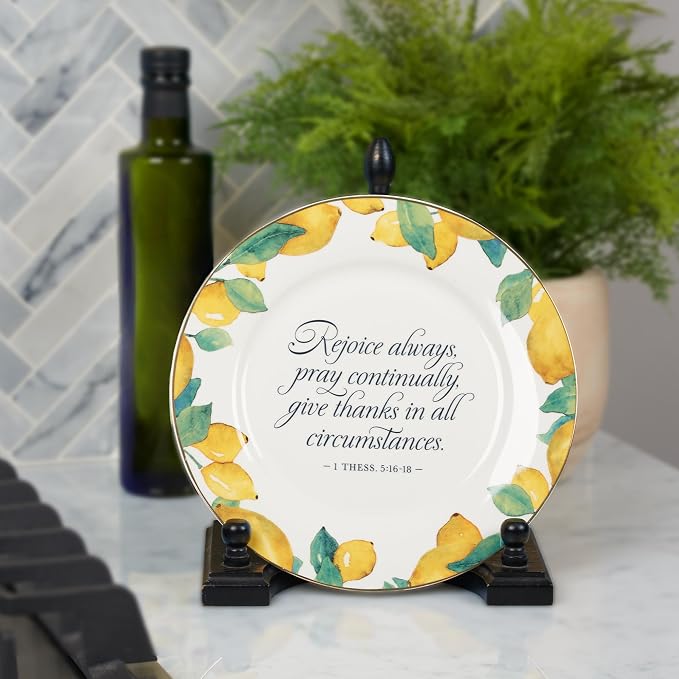 Christian Art Gifts Round 9" Decorative White Ceramic Salad & Dessert Plate for Home & Kitchen: Rejoice Always Inspirational Bible Verse, Food Safe Novelty Kitchenware, Gold Rim, Bright Yellow Lemons