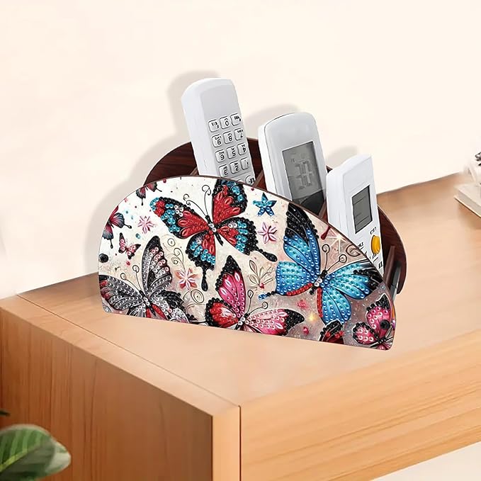 Remote Control Holder with 4 Compartments, DIY Diamond Art Painting Wooden Half Moon TV Control Holder for Remote Controllers, Office Supplies, Makeup Brush, Media Accessories-Butterfly-2