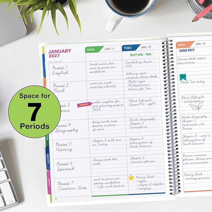 LITE TEACHER PLANNER - Aug 2026-Jul 2027, 8.5" x 11" Daily Weekly Monthly Organizers - Includes 7 Periods, Dated Calendar, Page Tabs, Bookmark, and Planning Stickers (Pastel Peacock)